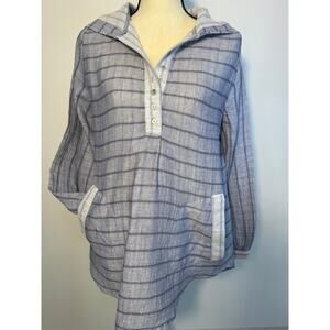 Soft Surroundings Blue Stripe Hoodie Gauze Cotton Pullover Top Striped Blouse M